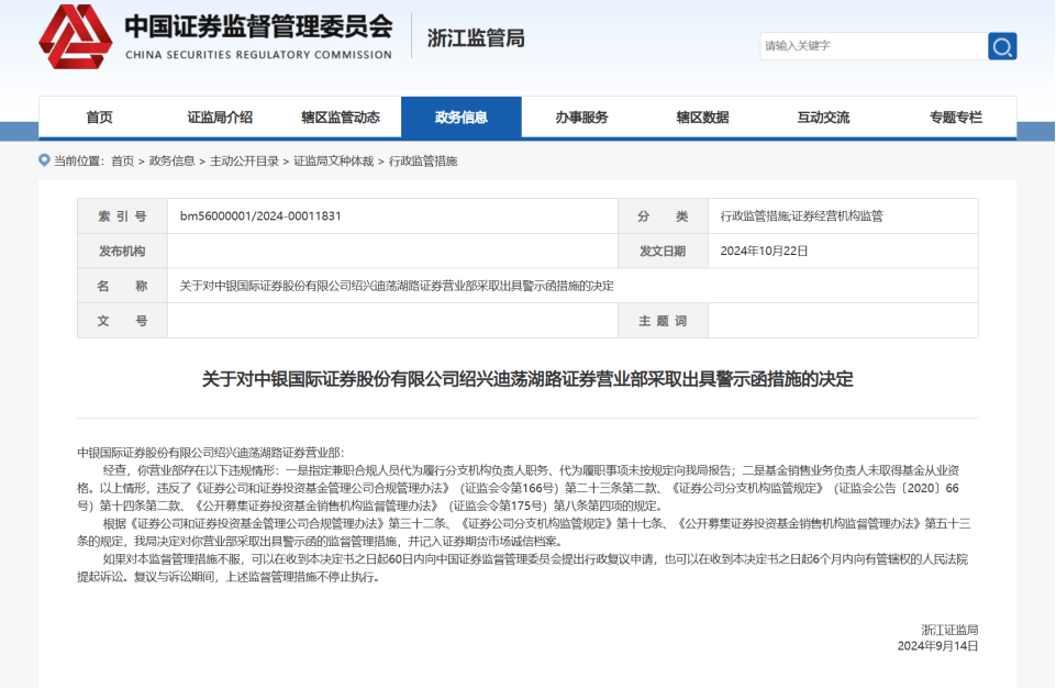 中银证券两营业部遭罚，涉多年合规管理不到位、基金销售负责人未取得从业资格