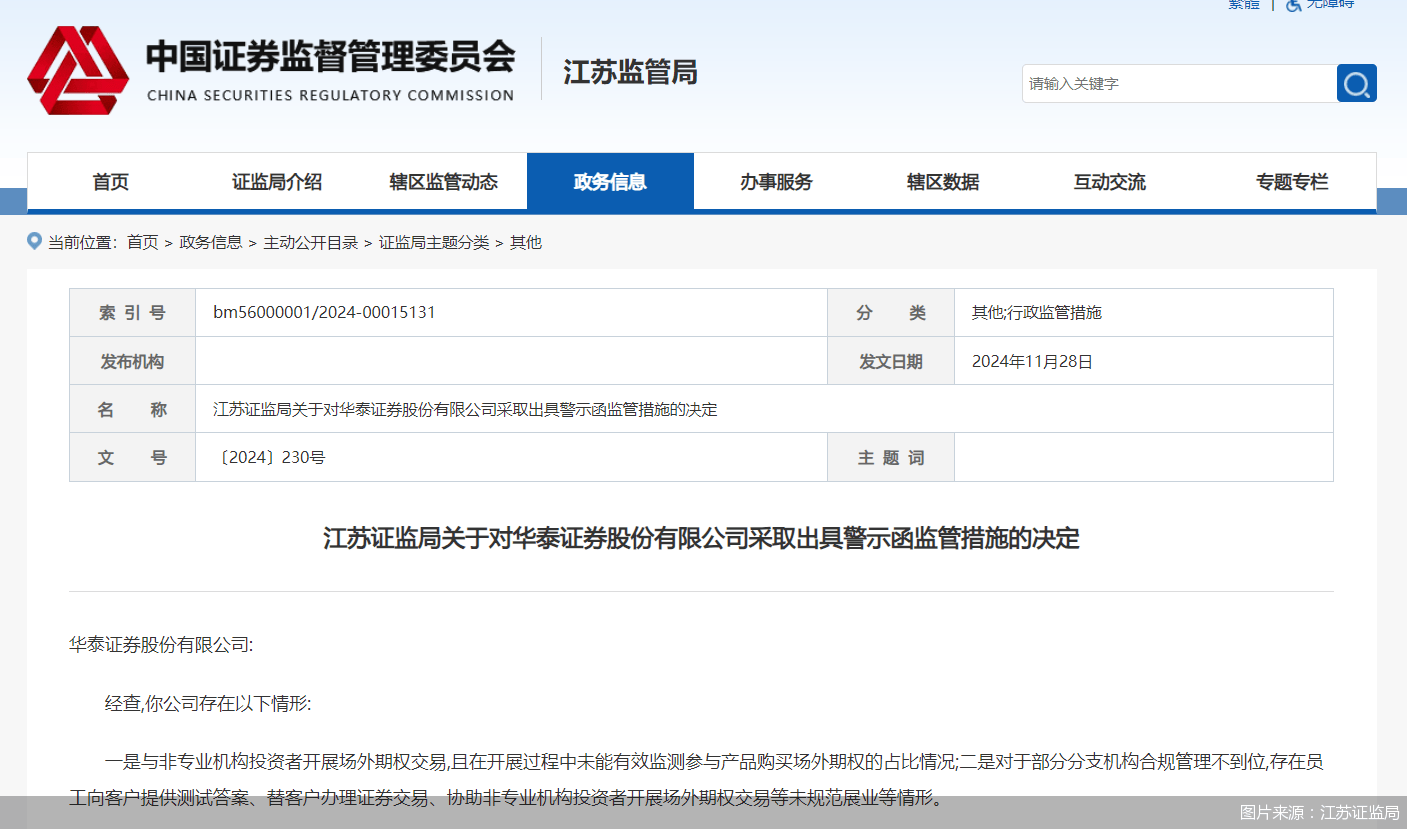 涉场外期权业务违规！华泰证券遭监管警示，年内这些券商也被“点名”