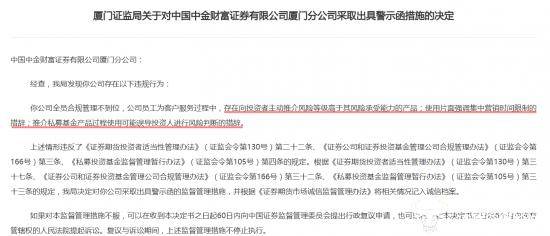 中金财富证券厦门分公司因员工违规销售被警示 需要吸取教训