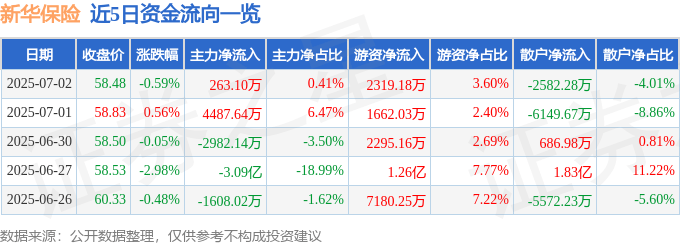 股票行情快报：新华保险（601336）7月2日主力资金净买入263.10万元
