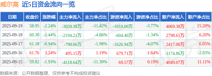 股票行情快报：威尔高（301251）9月19日主力资金净卖出3059.38万元